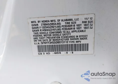 2013 Honda Pilot Ex-L z USA, uszkodzony, nr VIN 5FNYF3H55DB013112